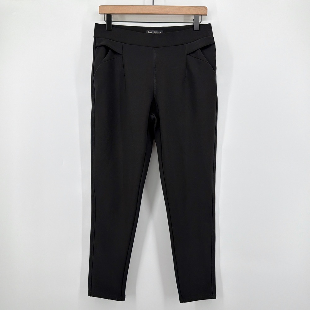 Kay Unger New York Black Stretch Crepe Pull On Slim Ankle Trousers Pants Large